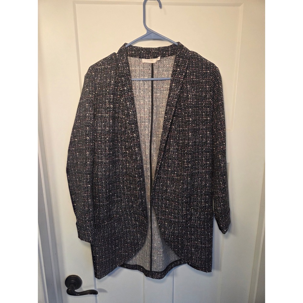 Lush Womens Open Front Cardigan Blazer Black Tweed Print Pink Accents Large